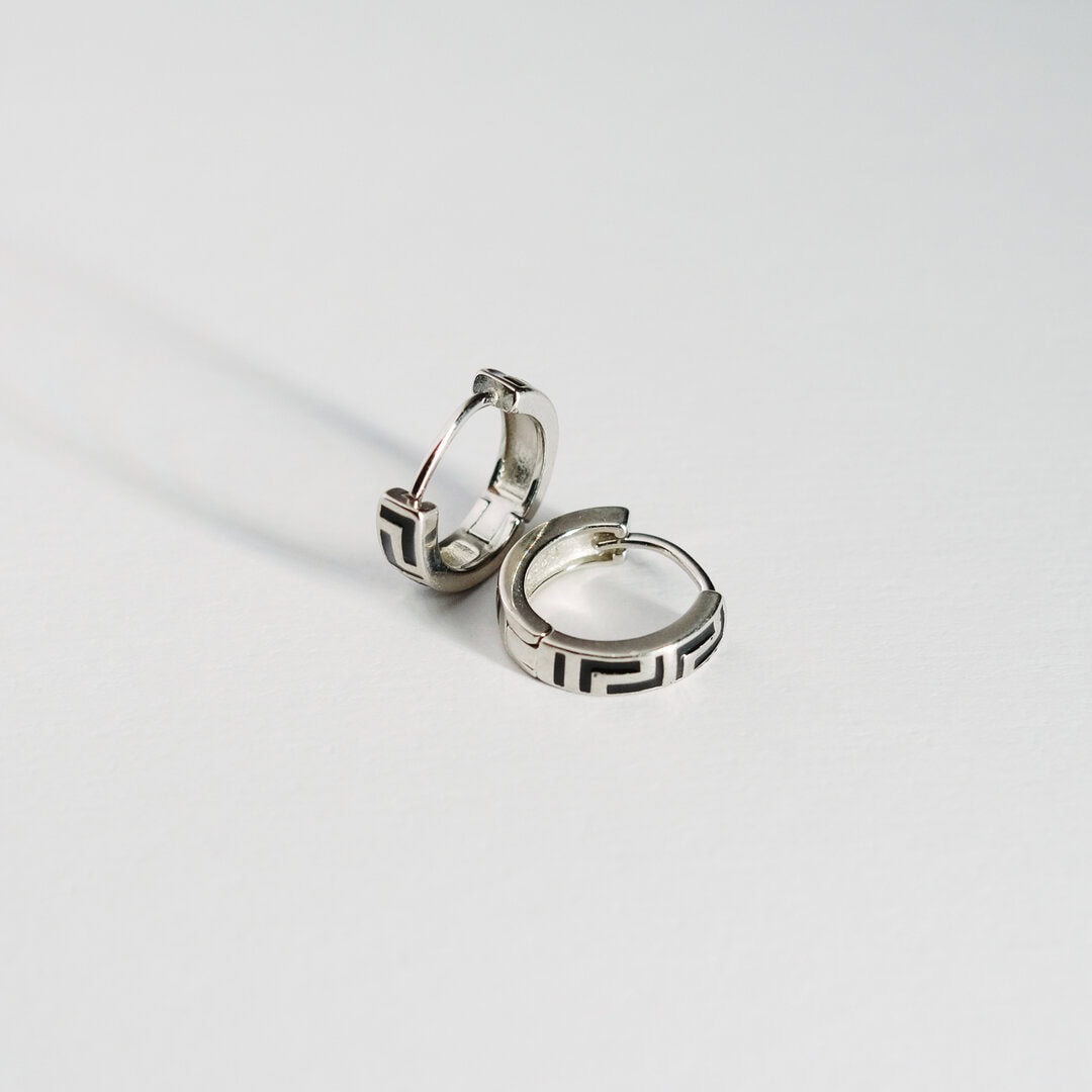 925 Sterling Silver Greek Key Pattern Hoop Earrings for Men | Unisex Bali